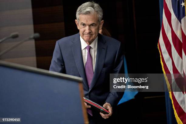 Jerome Powell, chairman of the U.S. Federal Reserve, arrives to a news conference following a Federal Open Market Committee meeting in Washington,...