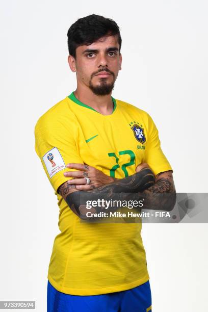 Fagner of Brazil poses for a portrait during the official FIFA World Cup 2018 portrait session at the Brazil Team Camp on June 12, 2018 in Sochi,...