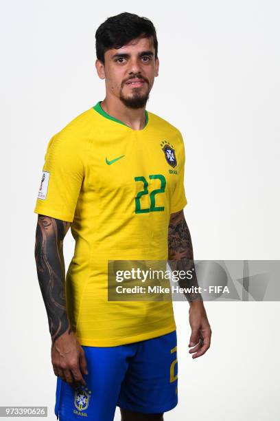 Fagner of Brazil poses for a portrait during the official FIFA World Cup 2018 portrait session at the Brazil Team Camp on June 12, 2018 in Sochi,...