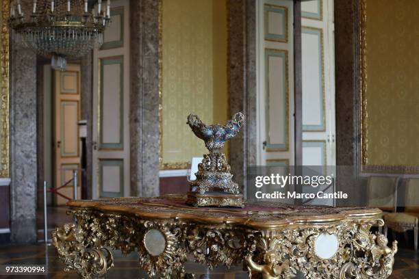 Detail of a table in one of the rooms in the royal apartments inside the Royal Palace of Caserta.