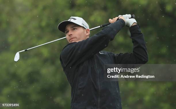 Aaron Wise of the United States plays a shot during a practice round prior to the 2018 U.S. Open at Shinnecock Hills Golf Club on June 13, 2018 in...