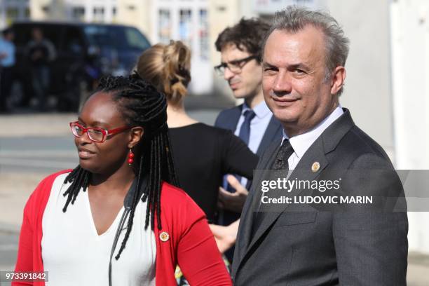 Presidential communication advisor Bruno Roger-Petit and Presidential communication and press advisor Sibeth Ndiaye attend a visit by France's...