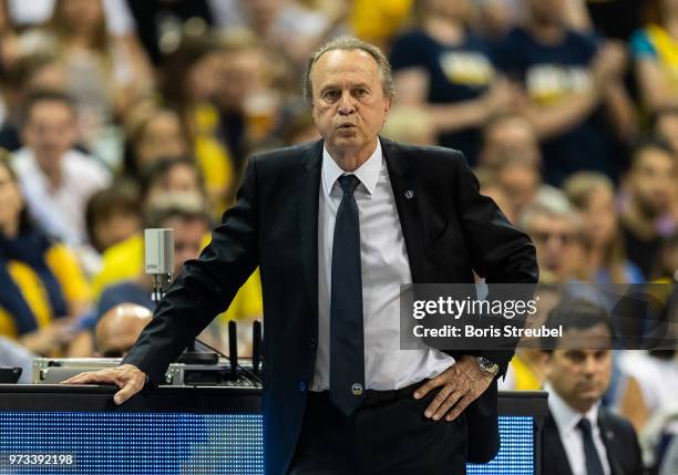 Head coach Aito Garcia Reneses of ALBA Berlin reacts during the fourth play-off game of the German Basketball Bundesliga finals at Mercedes-Benz...