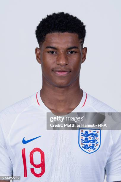 Marcus Rashford of England poses for a portrait during the official FIFA World Cup 2018 portrait session at on June 13, 2018 in Saint Petersburg,...