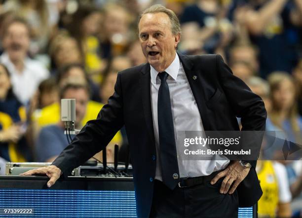 Head coach Aito Garcia Reneses of ALBA Berlin reacts during the fourth play-off game of the German Basketball Bundesliga finals at Mercedes-Benz...