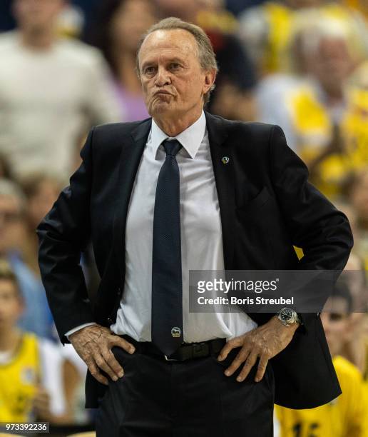 Head coach Aito Garcia Reneses of ALBA Berlin reacts during the fourth play-off game of the German Basketball Bundesliga finals at Mercedes-Benz...