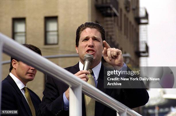 Patrolmen's Benevolent Association president Patrick Lynch speaks at rally outside Bronx Supreme Court in support of the four police officers accused...