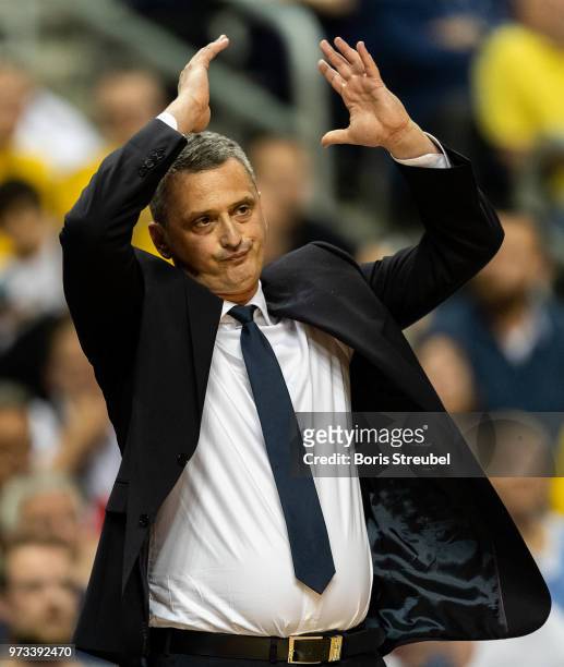 Head coach Dejan Radonjic of Bayern Muenchen reacts during the fourth play-off game of the German Basketball Bundesliga finals at Mercedes-Benz Arena...