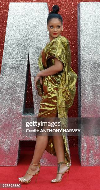 Barbadian singer and actress Rihanna poses on the carpet upon arrival to attend he European premiere of the film " Ocean's 8" in London on June 13,...