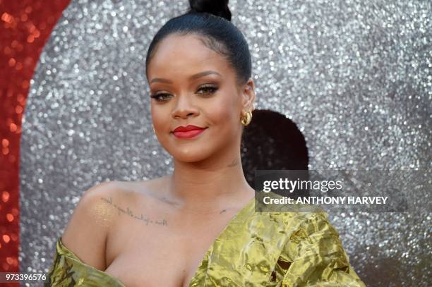 Barbadian singer and actress Rihanna poses on the carpet upon arrival to attend he European premiere of the film " Ocean's 8" in London on June 13,...