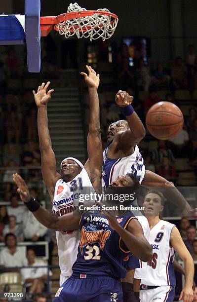 Bruce Bolden of the Razorbacks has his shot blocked during the West Sydney Razorbacks v Canberra Cannons NBL match played at the State Sports Centre,...