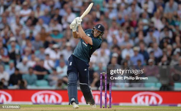 David Willey of England hits a six to win the match in the first Royal London One-Day International match between England and Australia at the Kia...