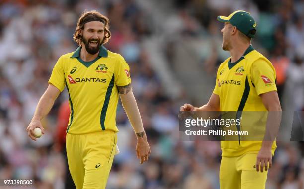 Kane Richardson of Australia laughs during the first Royal London One-Day International match between England and Australia at the Kia Oval on June...