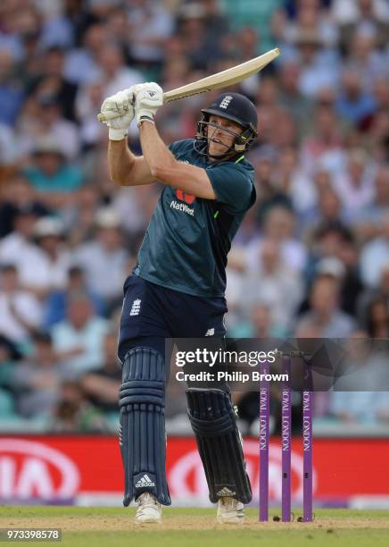 David Willey of England hits a six to win the match in the first Royal London One-Day International match between England and Australia at the Kia...