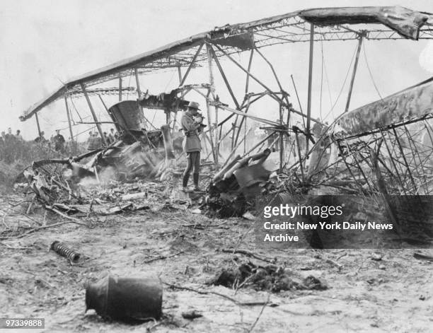 Wreckage of Ruth Nichols' Curtis Condor plane, owned by Clarence Chamberlain, after it crashed and burned at Troy, New York. Nichols and others were...