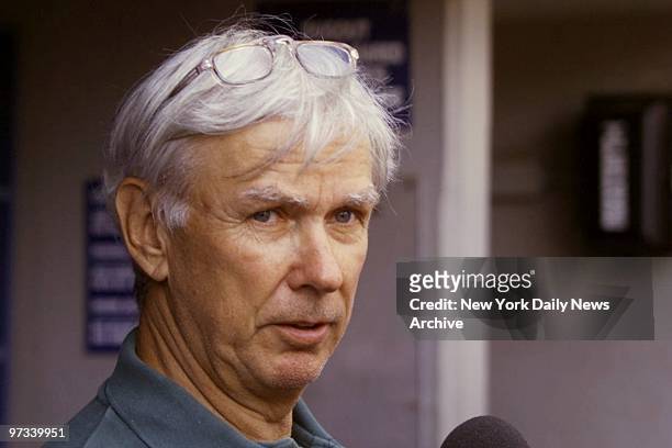 Yankees' executive Gene Michael talks with reporters during American League Championship Series between the New York Yankees and the Cleveland...
