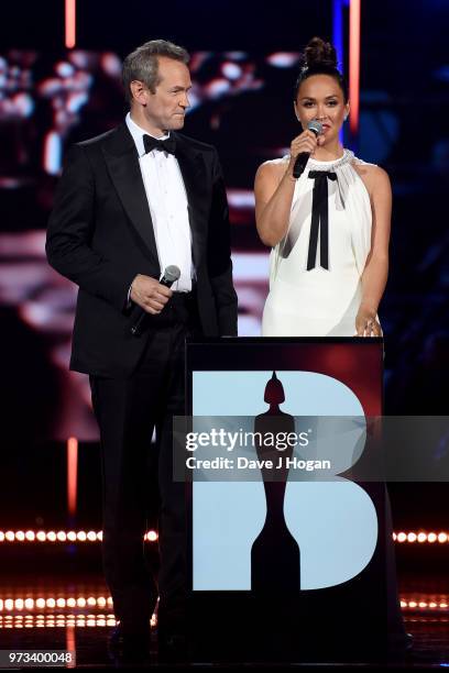 Hosts Alexander Armstrong and Myleene Klass speak on stage during the 2018 Classic BRIT Awards held at Royal Albert Hall on June 13, 2018 in London,...