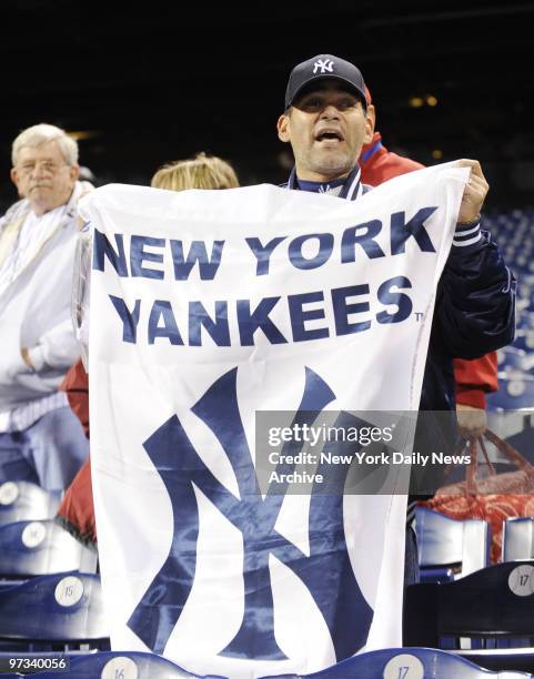 Yankee fan with banner at World Series Game 5, , New York Yankees vs Philadelphia Phillies at Citizens Bank Park.