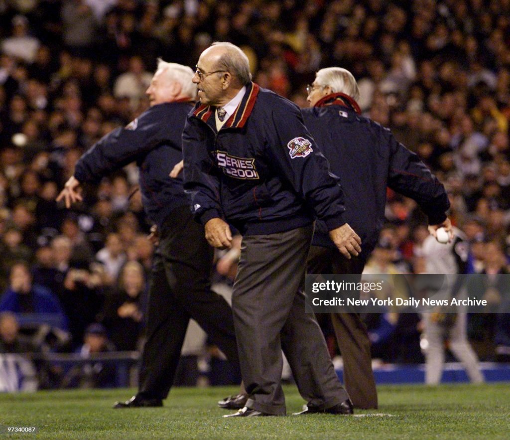 Yankee legends Whitey Ford (left), Yogi Berra (center), and