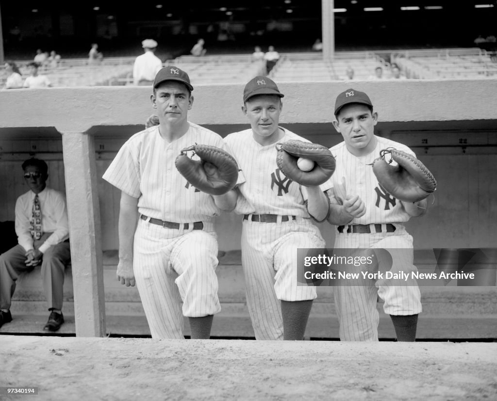 Yankees catchers Aaron Robinson, Ralph Houk, and Yogi Berra 