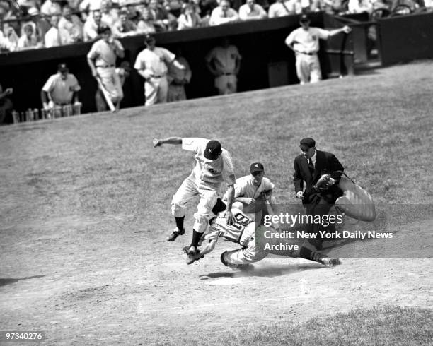 Yankees vs. Boston. The Irresistible met the immovable at the Stadium yesterday-and catcher Wagner of Bosox was bowled over when Grimes of Yanks...