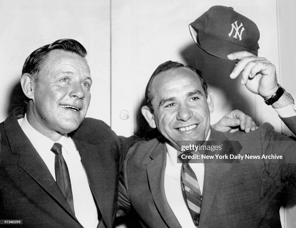 Yogi Berra tips his cap after being named successor to Ralph