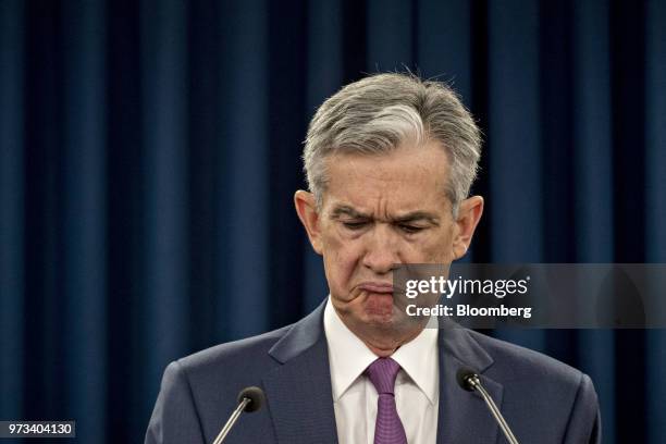 Jerome Powell, chairman of the U.S. Federal Reserve, reacts to a question during a news conference following a Federal Open Market Committee meeting...