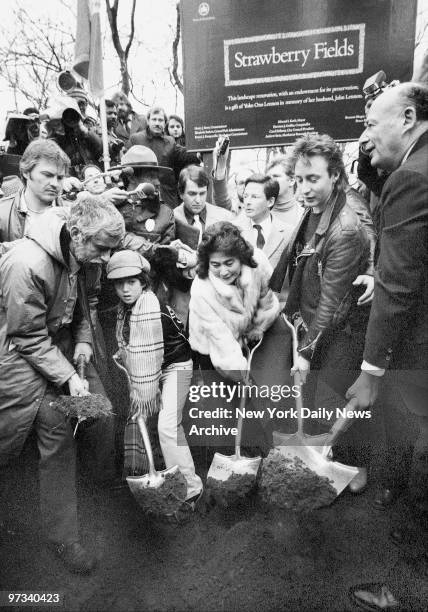 Yoko Ono and John Lennon's sons, Sean and Julien join Parks Commissioner Henry Stern and Mayor Koch in the ground breaking ceremonies for Strawberry...