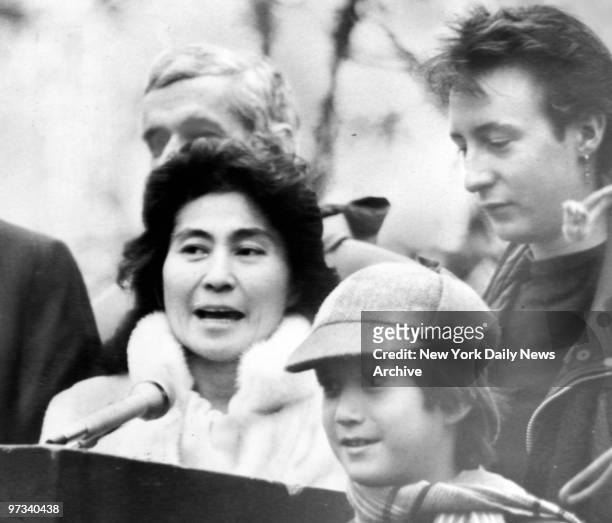 Yoko Ono with Julian Lennon and Sean Lennon at the ground breaking ceremonies for Strawberry Fields in Central Park.