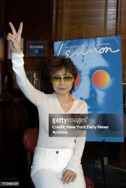 Yoko Ono, John Lennon's widow, flashes a peace sign during an after-party at Sardi's on W. 44th St. Celebrating the opening night of the new Broadway...