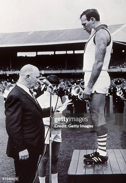 Bob Skilton of South Melbourne accepts the Brownlow Medal in Melbourne, Australia.