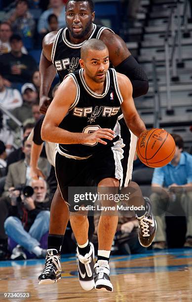 Tony Parker of the San Antonio Spurs drives against the New Orleans Hornets on March 1, 2010 at the New Orleans Arena in New Orleans, Louisiana. NOTE...