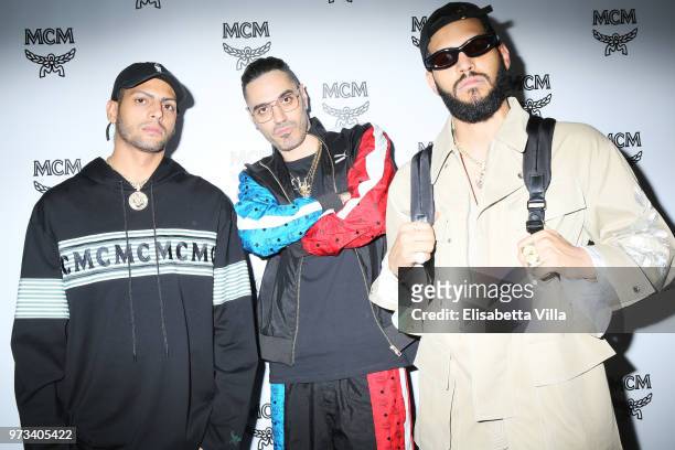 Chris Martinez, Marracash and Steve Martinez attend the MCM Fashion Show Spring/Summer 2019 during the 94th Pitti Immagine Uomo on June 13, 2018 in...