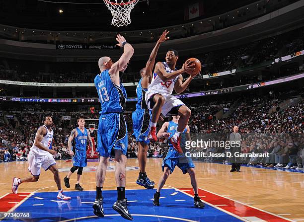Willie Green of the Philadelphia 76ers shoots against the Orlando Magic during the game on March 1, 2010 at the Wachovia Center in Philadelphia,...