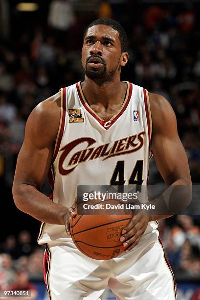 Leon Powe of the Cleveland Cavaliers prepares to shoot a free throw against the New York Knicks on March 1, 2010 at The Quicken Loans Arena in...