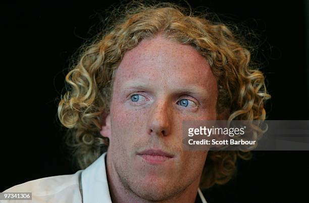 Athlete Steve Hooker of Australia speaks during the John Landy lunch club media conference at Melbourne Cricket Ground on March 2, 2010 in Melbourne,...