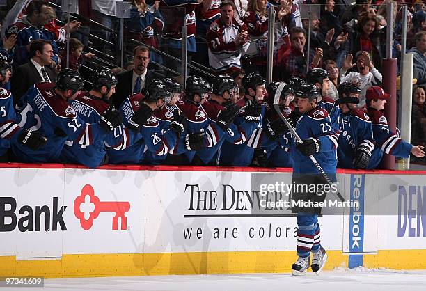 Chris Stewart of the Colorado Avalanche celebrates a goal against the Detroit Red Wings at the Pepsi Center on March 1, 2010 in Denver, Colorado.