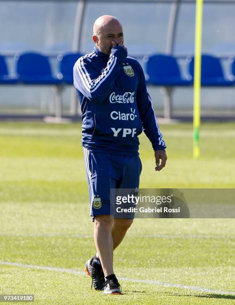 Jorge Sampaoli coach of Argentina gestures during an open to public training session at Bronnitsy Training Camp on June 11, 2018 in Bronnitsy, Russia.