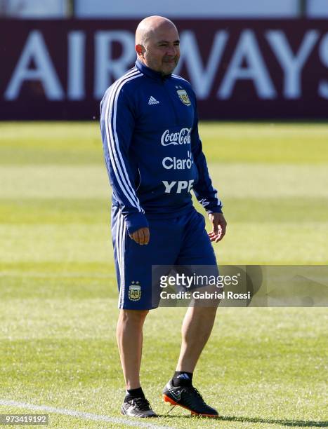 Jorge Sampaoli coach of Argentina walks during an open to public training session at Bronnitsy Training Camp on June 11, 2018 in Bronnitsy, Russia.