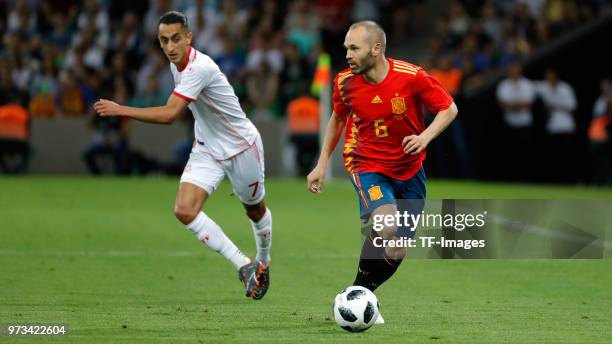 Andres Iniesta of Spain controls the ball during the friendly match between Spain and Tunisia at Krasnodar's stadium on June 9, 2018 in Krasnodar,...