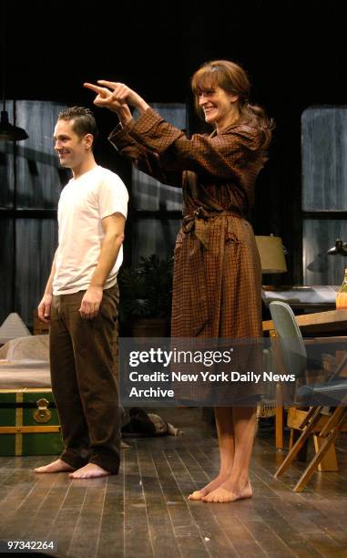 Paul Rudd and Julia Roberts smile during the curtain call on opening night of the Broadway production of "Three Days of Rain" at the Bernard B....