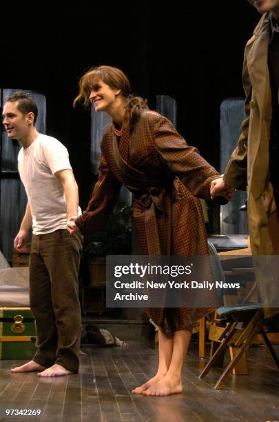 Paul Rudd, Julia Roberts and Bradley Cooper take their bows during the curtain call on opening night of the Broadway production of "Three Days of...