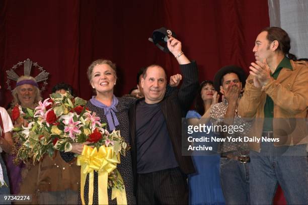 Paul Simon is joined by Ednita Nazario, Ruben Blades and members of the cast as they take opening night curtain calls for Simon's new musical,...