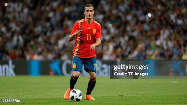 Lucas Vazquez of Spain controls the ball during the friendly match between Spain and Tunisia at Krasnodar's stadium on June 9, 2018 in Krasnodar,...