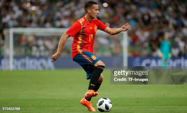 Lucas Vazquez of Spain controls the ball during the friendly match between Spain and Tunisia at Krasnodar's stadium on June 9, 2018 in Krasnodar,...