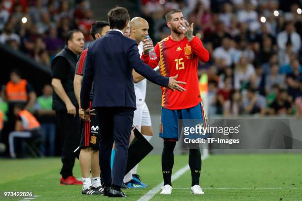 Sergio Ramos of Spain gestures during the friendly match between Spain and Tunisia at Krasnodar's stadium on June 9, 2018 in Krasnodar, Russia.