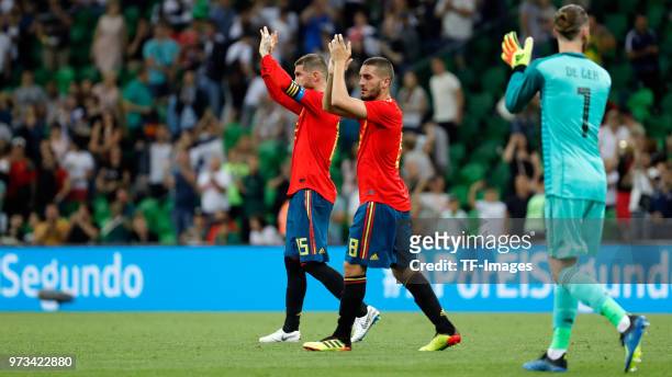 Koke Resurreccion of Spain and Sergio Ramos of Spain gesture after the friendly match between Spain and Tunisia at Krasnodar's stadium on June 9,...