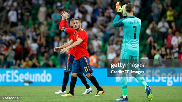 Koke Resurreccion of Spain and Sergio Ramos of Spain gesture after the friendly match between Spain and Tunisia at Krasnodar's stadium on June 9,...