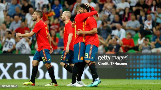 Iago Aspas of Spain celebrates after scoring his team`s first goal with team mates during the friendly match between Spain and Tunisia at Krasnodar's...