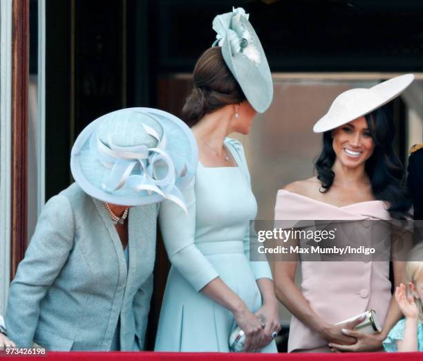 Camilla, Duchess of Cornwall, Catherine, Duchess of Cambridge and Meghan, Duchess of Sussex stand on the balcony of Buckingham Palace during Trooping...